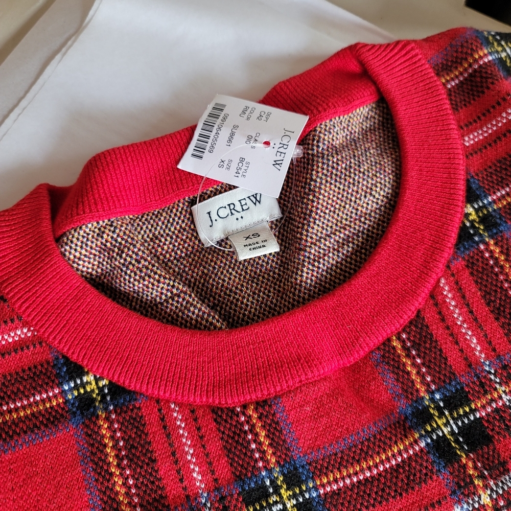 New! J Crew sz XS X-Small Red Tartan Plaid Christmas Sweater Cotton NWT - Picture 12 of 13